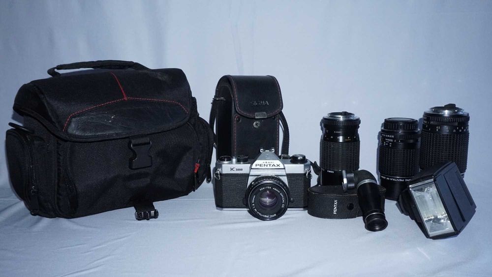 Pentax K1000 Kit Completo | 4 Lentes + Flash Metz + Acessórios | Para Peças / Reparação