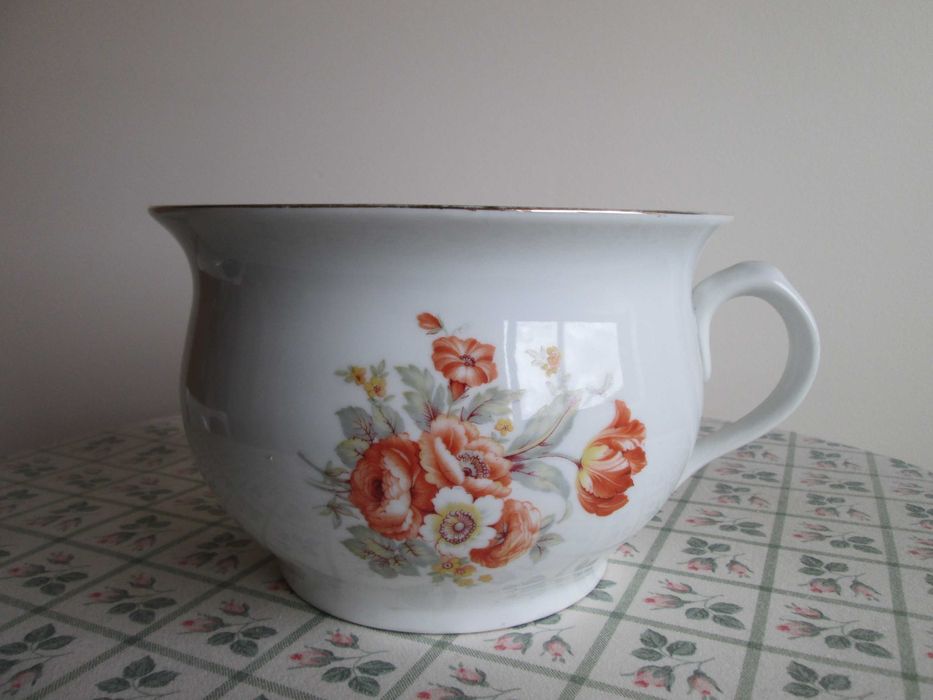 Penico Antigo Vista Alegre - Pintado - Flores Vermelhas e Fio Dourado