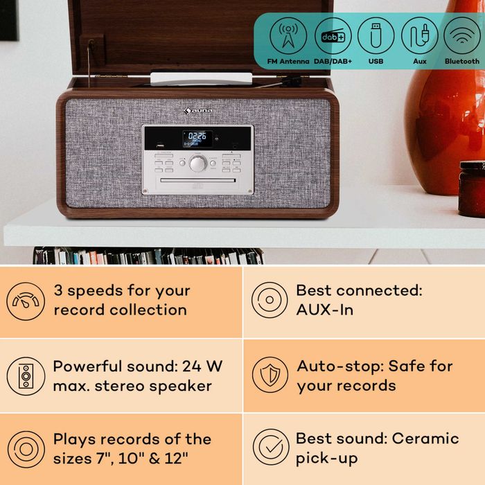 Вініловий програвач на ніжках ретро виниловый проигрыватель AUX/FM/BT/USB/CD Auna