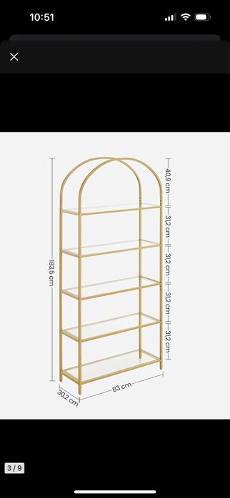 2x Złoty regał, szkalne półki glamour do salonu, biura, butiko