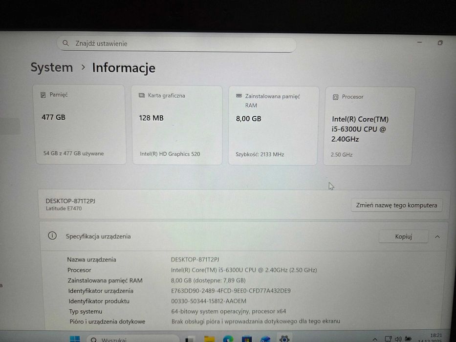 Laptop Dell Latitude E7470 | i5-6300U | 8GB RAM | SSD 512GB