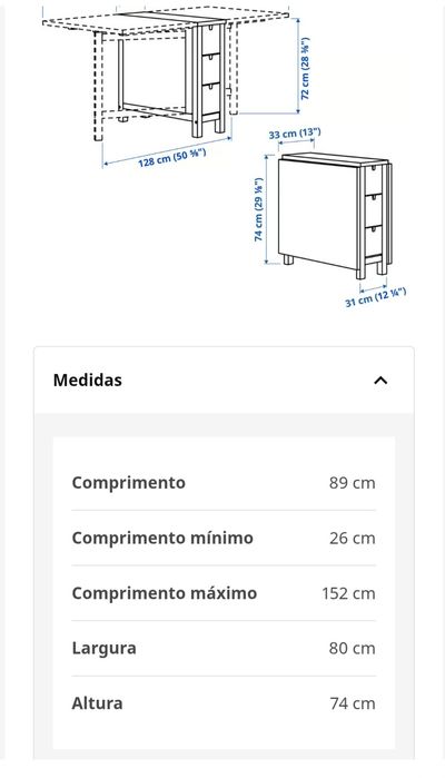 Mesa abas rebatíveis branco, 26/89/152x80 cm