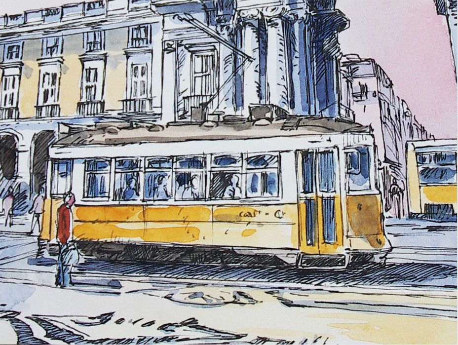 Eléctrico da Carris  Praça do Comércio . Desenho. Marcador e aguarela.