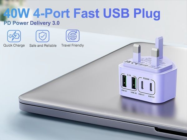 Wtyczka USB C  z 4 portami 40W szybkie ładowanie