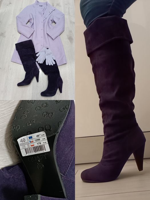 Kozaki z 179zł muszkieterki obcas 39 39,5 40 fiolet bakłażan zamsz