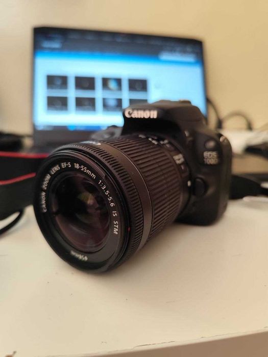 Canon EOS 100D, obiektyw 18-55mm + ładowarka, USB, pokrowiec na aparat