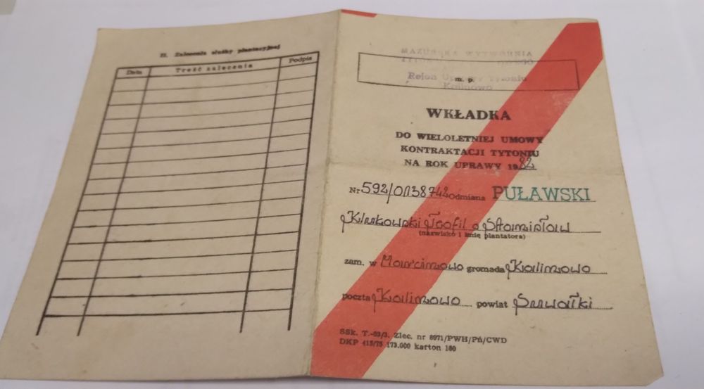 Dokument kolekcjonerski 1982 r. – Kontraktacja tytoniu (Kalinowo)