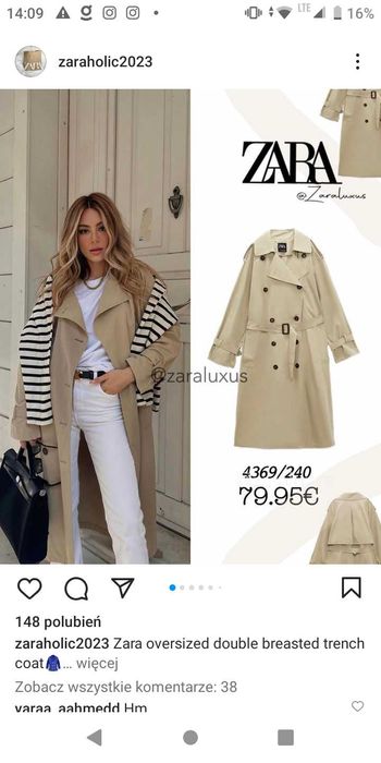Płaszcz trencz Zara S Nowy z metką