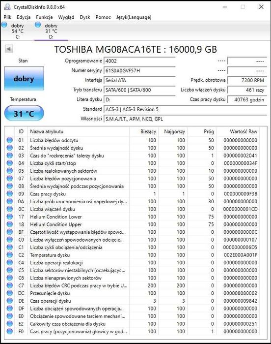 Dysk Toshiba 16TB MG08ACA16TE 100% sprawny. Super szybki! Doskonały stan!