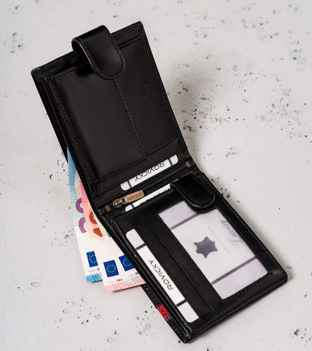 skórzany portfel męski z ozdobnym paskiem - rovicky