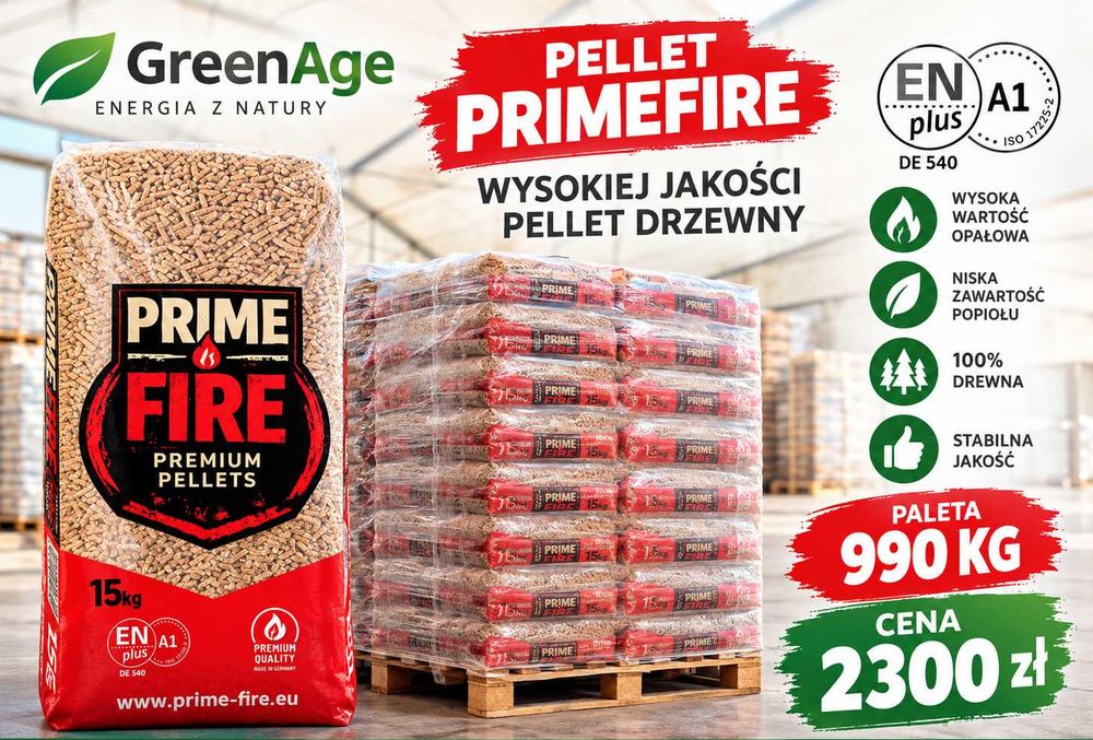 Pellet PRIME FIRE Premium - Certyfikat ENPlus A1 - Worki 15KG - na palecie 66 sztuk - 990 KG - Hit