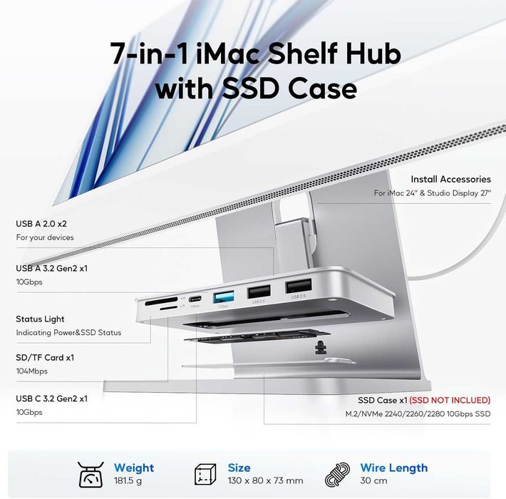 Hub Usb-c Do Imac Koncentrator Usb A/C 10 Gb/S Sd/Tf M.2 Ssd Case