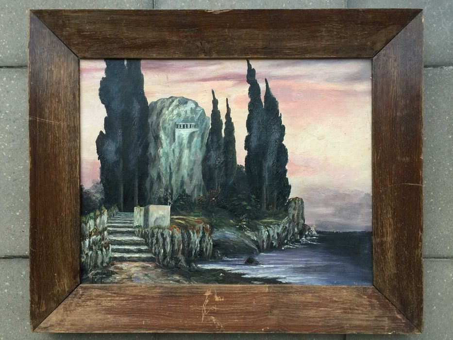 OBRAZ Olejny Na PŁÓTNIE Pejzaż Stary 60 x 50 cm Sygn. Retro Vintage