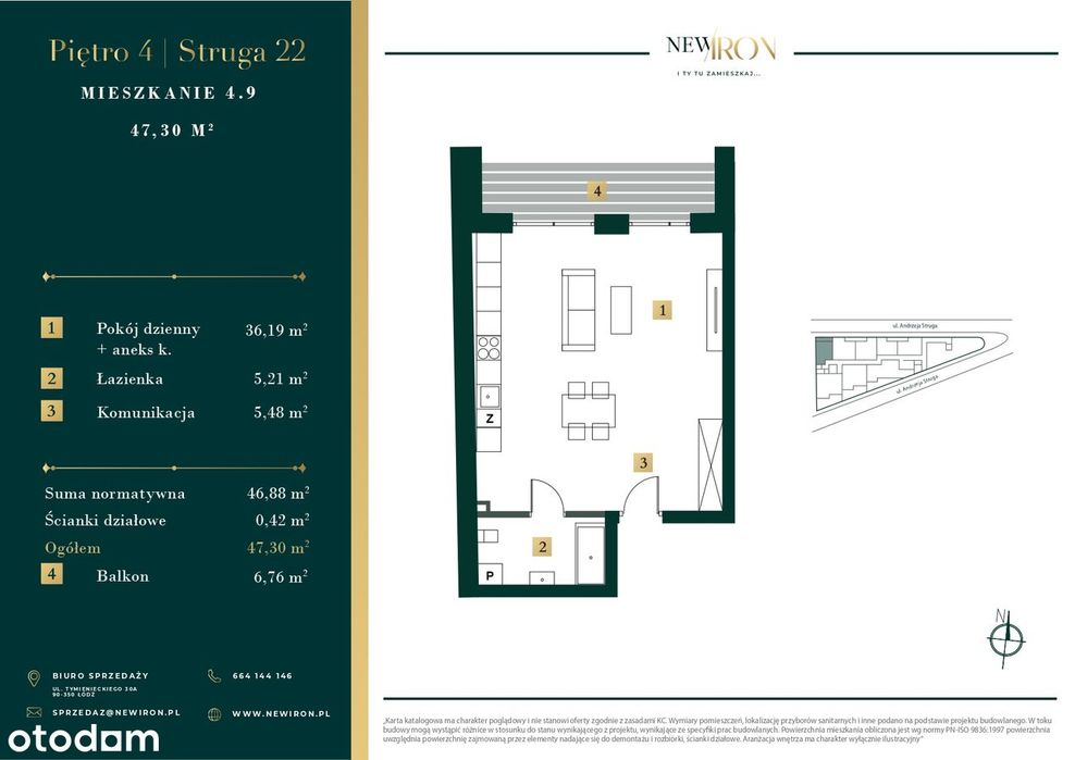 2- pokojowe mieszkanie 47m2 + balkon bezpośrednio