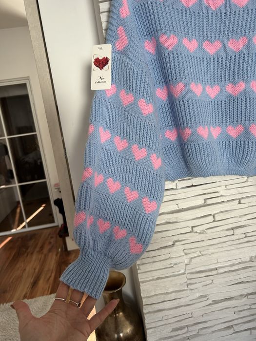 Wiosenny krótki sweterek serca damski z szerokim rękawem S M L