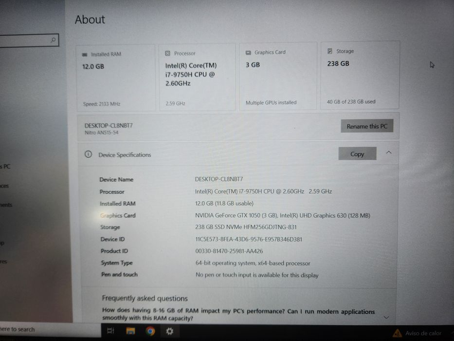 Portátil Acer Nitro 5 i7 12GB RAM
