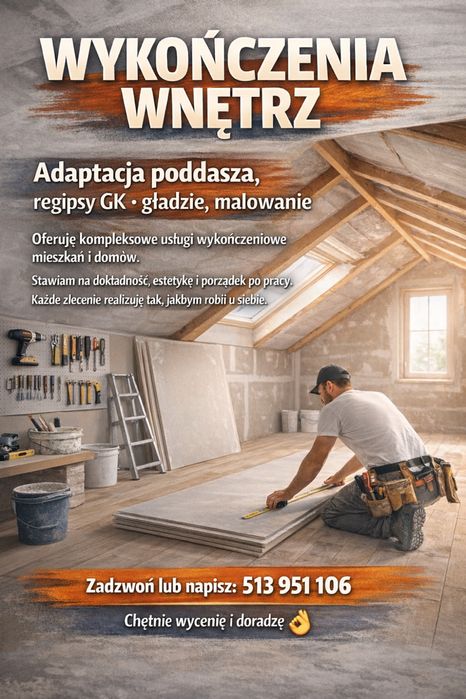 Adaptacja poddasza, regipsy GK, gładzie, malowanie | Kraków