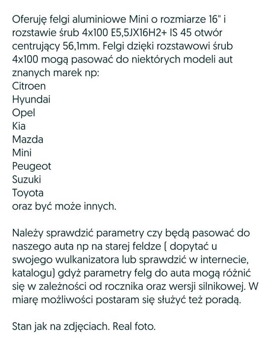 Koła felgi aluminiowe R16" z oponami Mini 4x100 E5,5Jx16H2 IS 45
