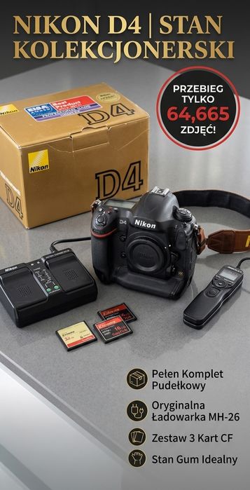 Nikon D4 | Stan bardzo dobry | Przebieg TYLKO 64 tys. | Pełen Komplet Pudełkowy | Karty CF
