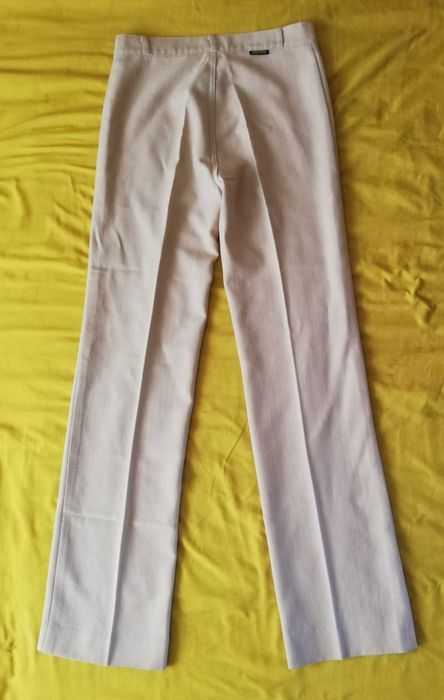 spodnie lniane proste beż w kantkę na wysoką Marshal pas 70cm