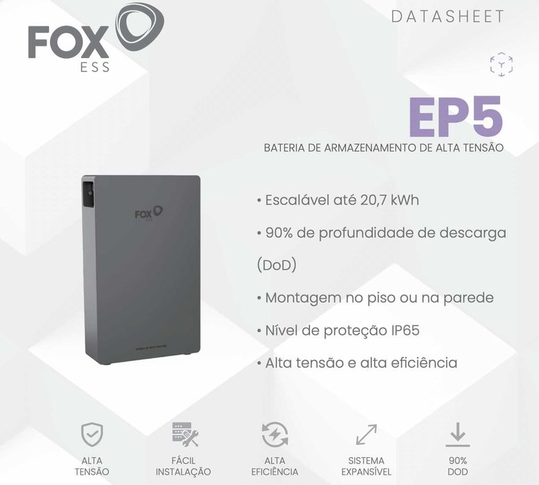 Bateria Solar HV Fox ESS EP5 5.18kWh NOVA c/ fatura 10 Anos Garantia