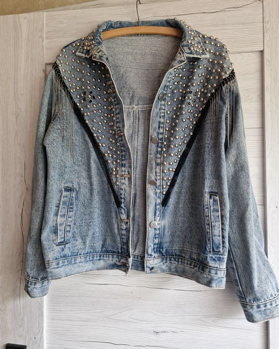 Kurtka jeansowa denim A M dżety frędzle