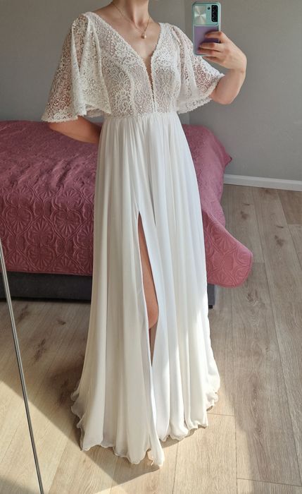 Suknia ślubna boho zwiewna muślin bawełna rękawki motylkowe eggshell