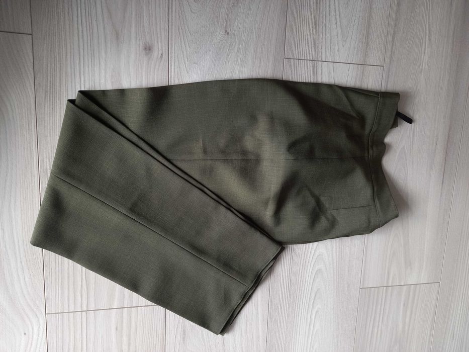 Garnitur damski żakiet+spodnie+spódnica używany oliwkowy, 36 (S)