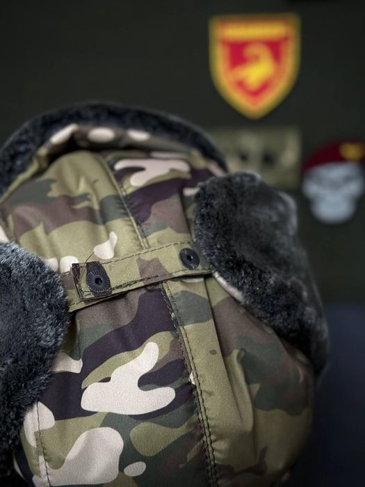Військова тепла зимова Шапка вушанка на флісі Мультикам Піксель Олива