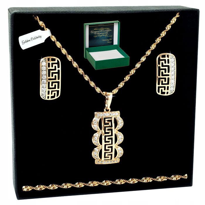 Piękny Gruby Damski Naszyjnik Łańcuszek Grecki + Kolczyki Z Cyrkoniami