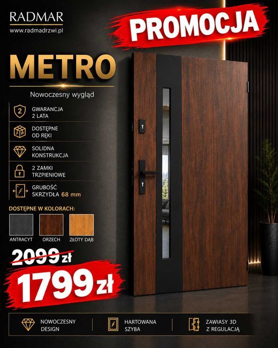 Drzwi zewnętrzne 80 90 model METRO 68mm Orzech