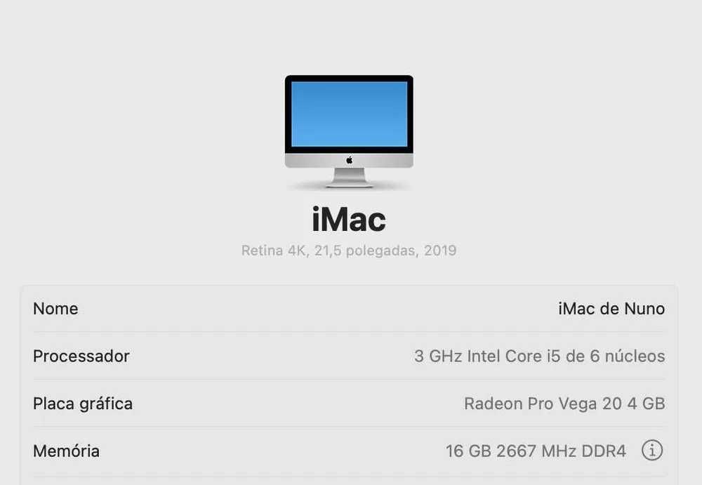 Apple iMac 21.5" Retina 4K - 2019 (i5 3.0/16GB/SSD/Radeon Pro Vega)