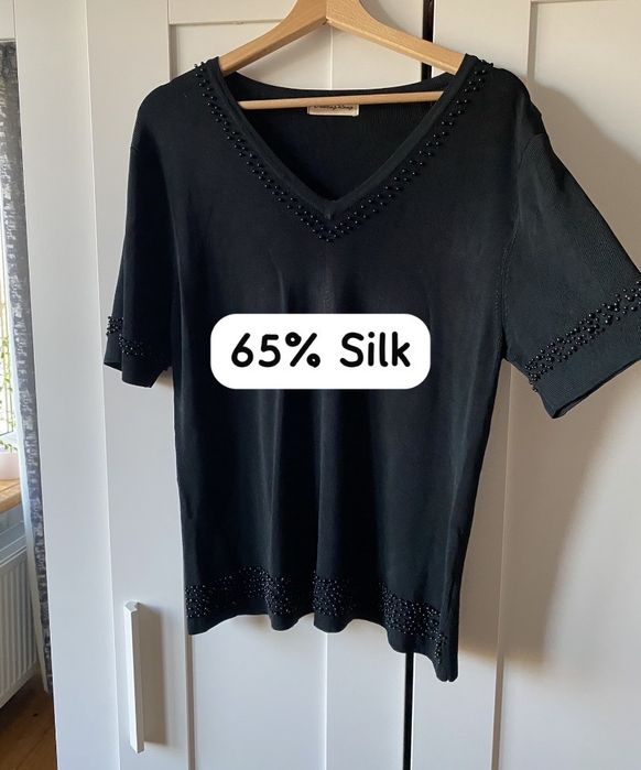 Czarna elegancka jedwabna bluzka prążkowana z jedwabiu 40/42