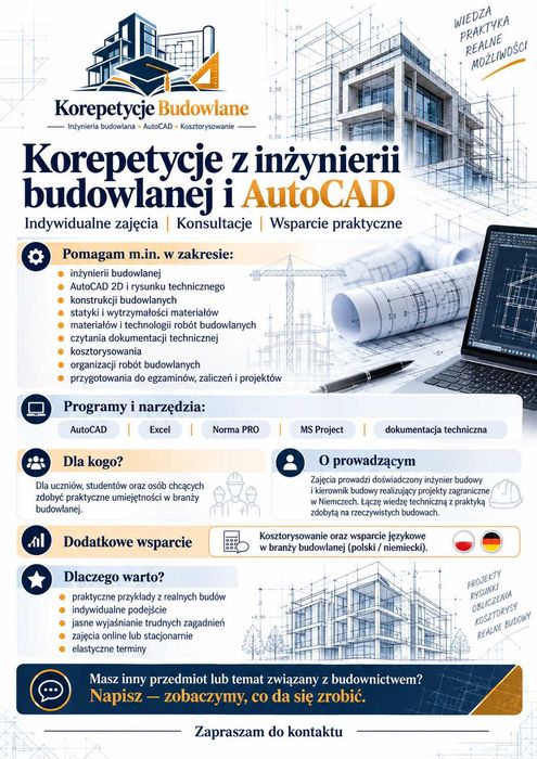 Korepetycje z inżynierii budowlanej i autocad, budownictwo, kosztorysowanie