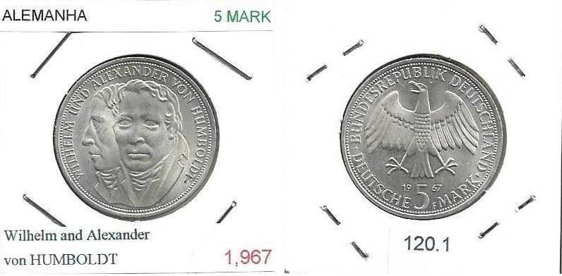 Alemanha - - - 5 Mark - 1967-F - von Humboldt - - - Moeda de Prata