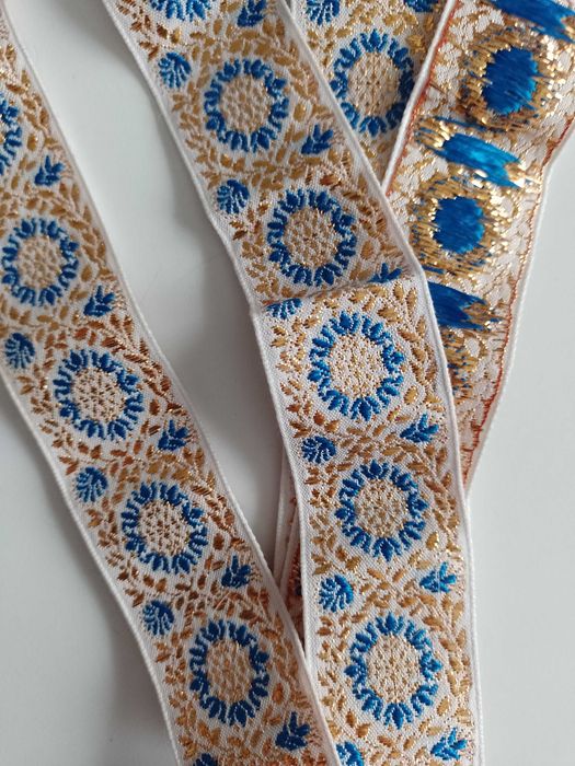 Taśma żakard 3cm złoto i chaber piękna 2m