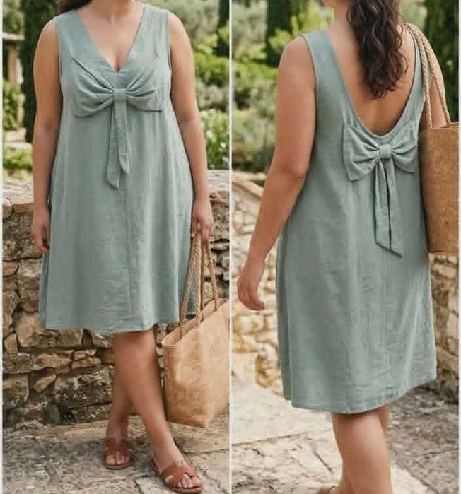 NOWA luźna miętowa sukienka na lato z kokardą oversize krój A 100% bawełna