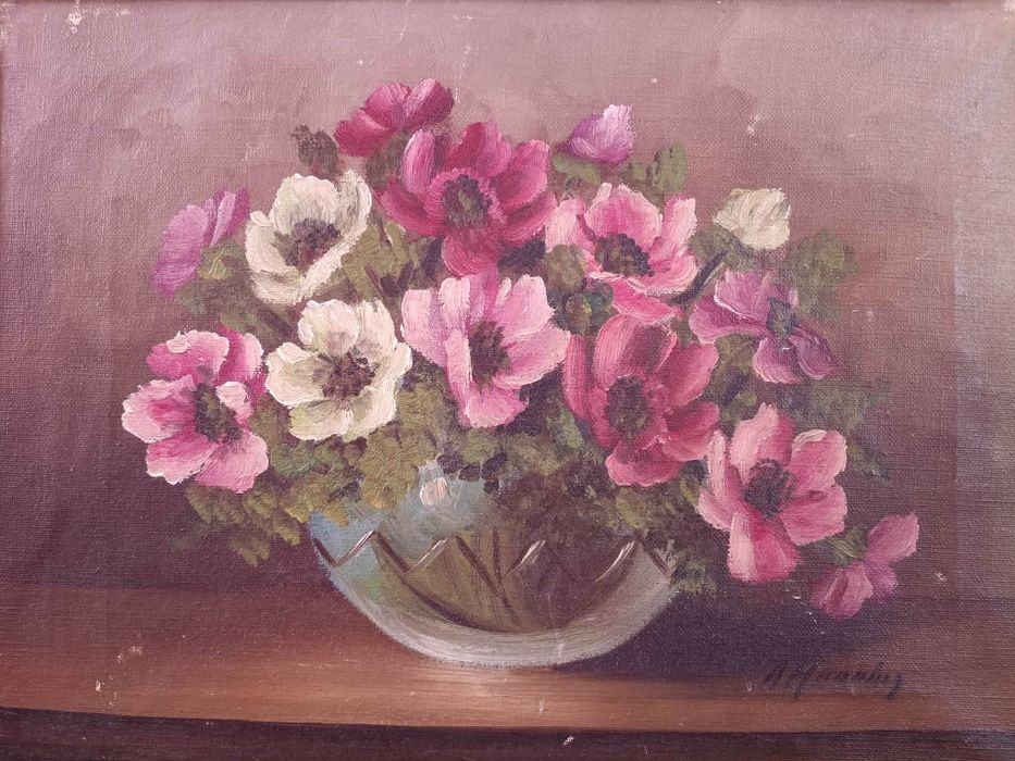 Stary obraz na płótnie sygnowany Kwiaty