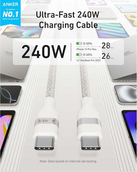 Зарядний кабель Anker Nano USB-C Cable 240W 0,9m, білий, чорний