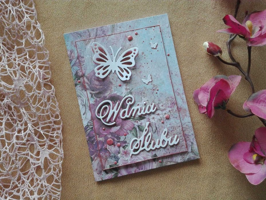 Kartka ślubna handmade, kwiatowa #4, A6, w zestawie z kopertą, ręcznie robiona