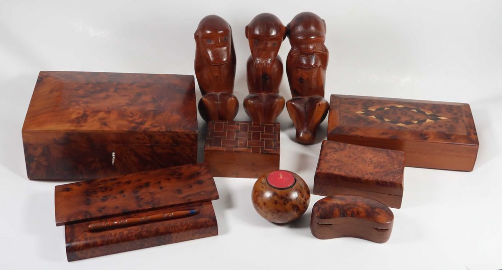 Diversas peças em madeira raiz nogueira, cada