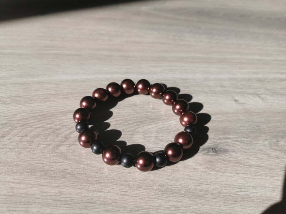 Handmade Męska Bransoletka Onyks Matowy Koraliki Brązowa Czarna