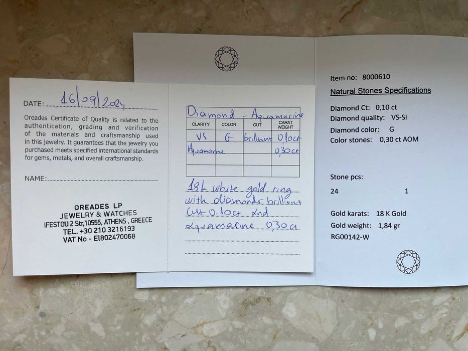 Pierścionek z diamentem i akwamarynem 18K