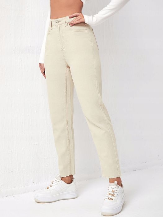 Jeansy Mom Fit Beżowe Wysoki Stan Casual Shein L 40