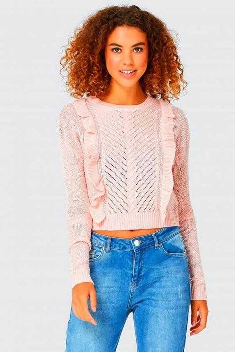 Select Różowy Krótki Sweter z Falbanami 44 Miękki Akryl