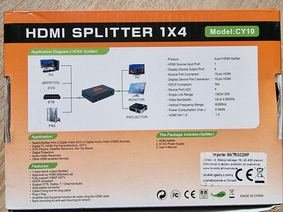 Rozdzielacz HDMI CY10 UHD 4K x 2K 3D 1 x 4 (czarny)