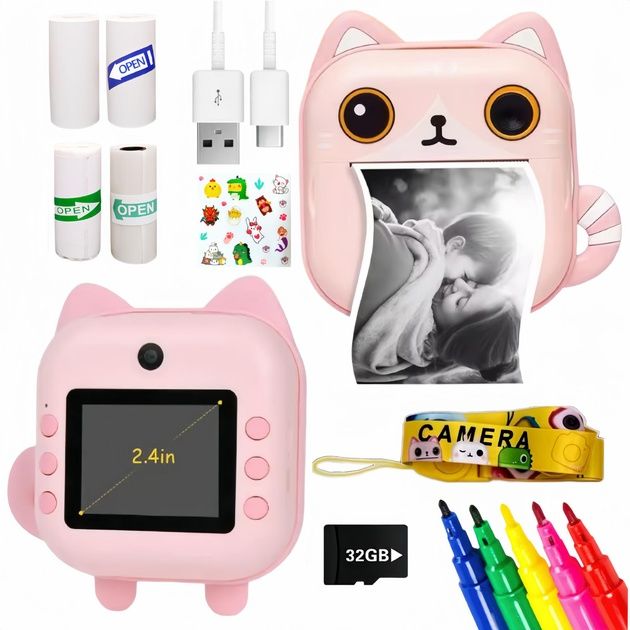 Дитячий фотоапарат Котик миттєвого друку з селфі камерою та відео