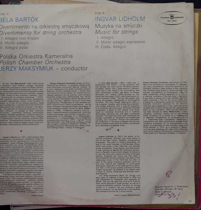 Polish chamber orchestra by Jerzy Maksymiuk WINYL Bartok Lidholm
