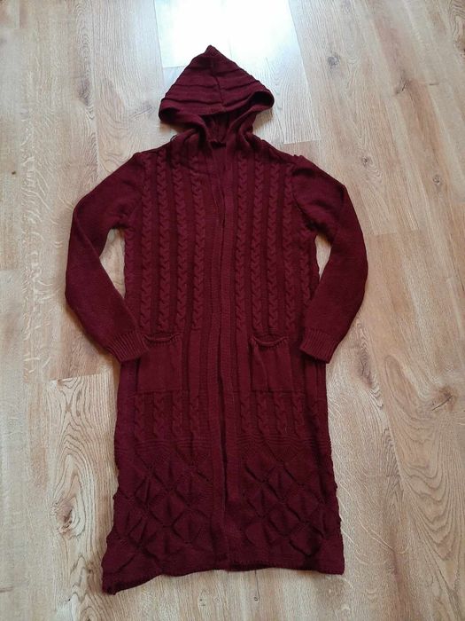 Długi wełniany kardigan z kapturem r. S-L