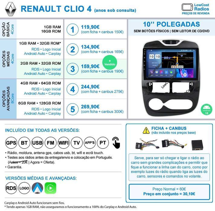 *(NOVO) Auto Rádio GPS ANDROID Renault | Clio 4 | ZOE | FICHA + CANBUS